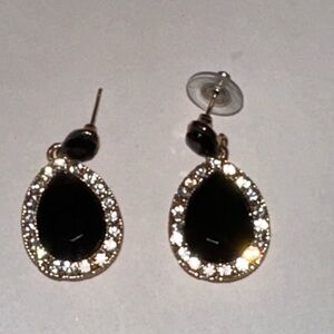 Teardrop Earrings. Black and Rhinestones. Pierced with gold setting  1.5”